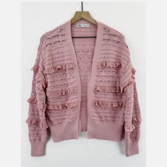Zara Sweaters - Zara light salmon pink ruffled eyelet cardigan